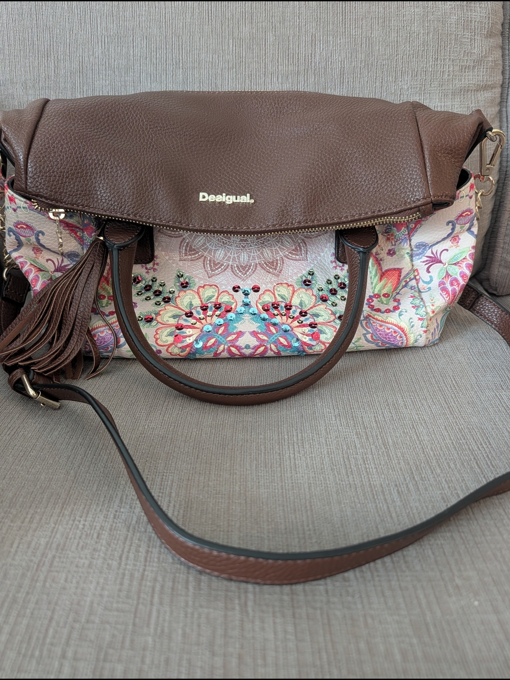 Desigual Brown Floral Embellished Satchel